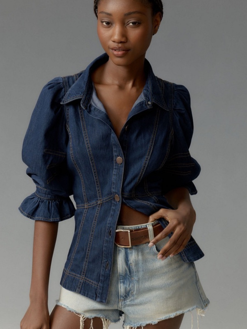 Puff-Sleeve Denim Buttondown Shirt